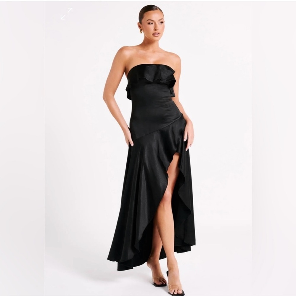 Meshki Suliana Strapless Ruffle Midi Black High-Low Dress Satin